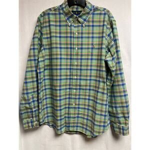 Ralph Lauren green‎ blue white plaid Mens long sleeve button casual shirt Large